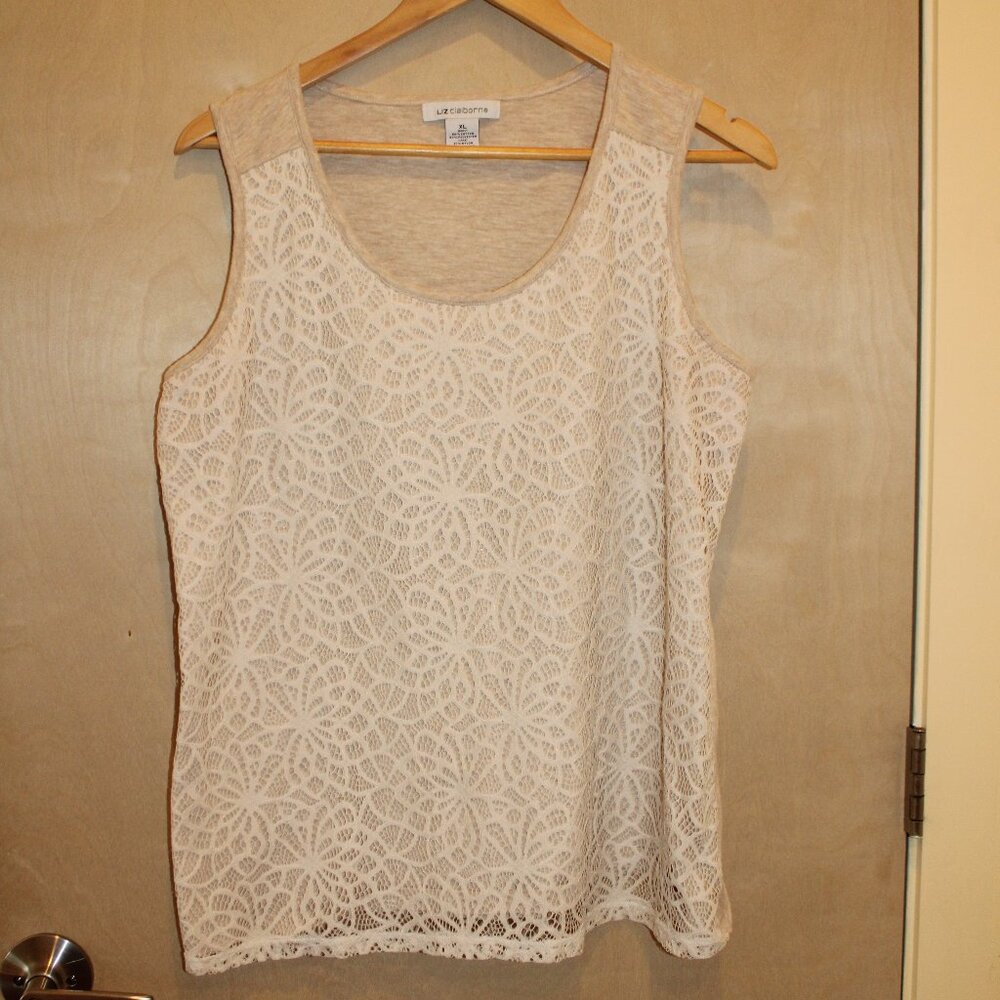 Liz Claiborne Womens Sleeveless Lace Top, Tan & White Tank top, XL